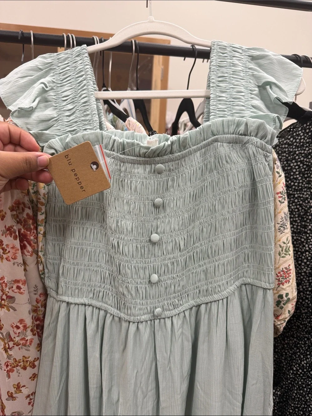Blu Pepper Sage Green Smocked Ruffled Midi Dress - Picture 2 of 2